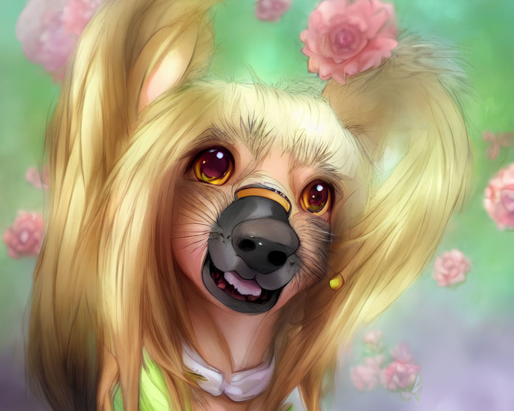 Anthropomorphic golden retriever with brown eyes and scarf in pink flower setting