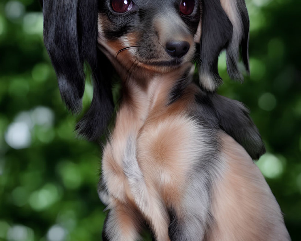 Black and Tan Dachshund with Floppy Ears and Big Brown Eyes on Blurred Green