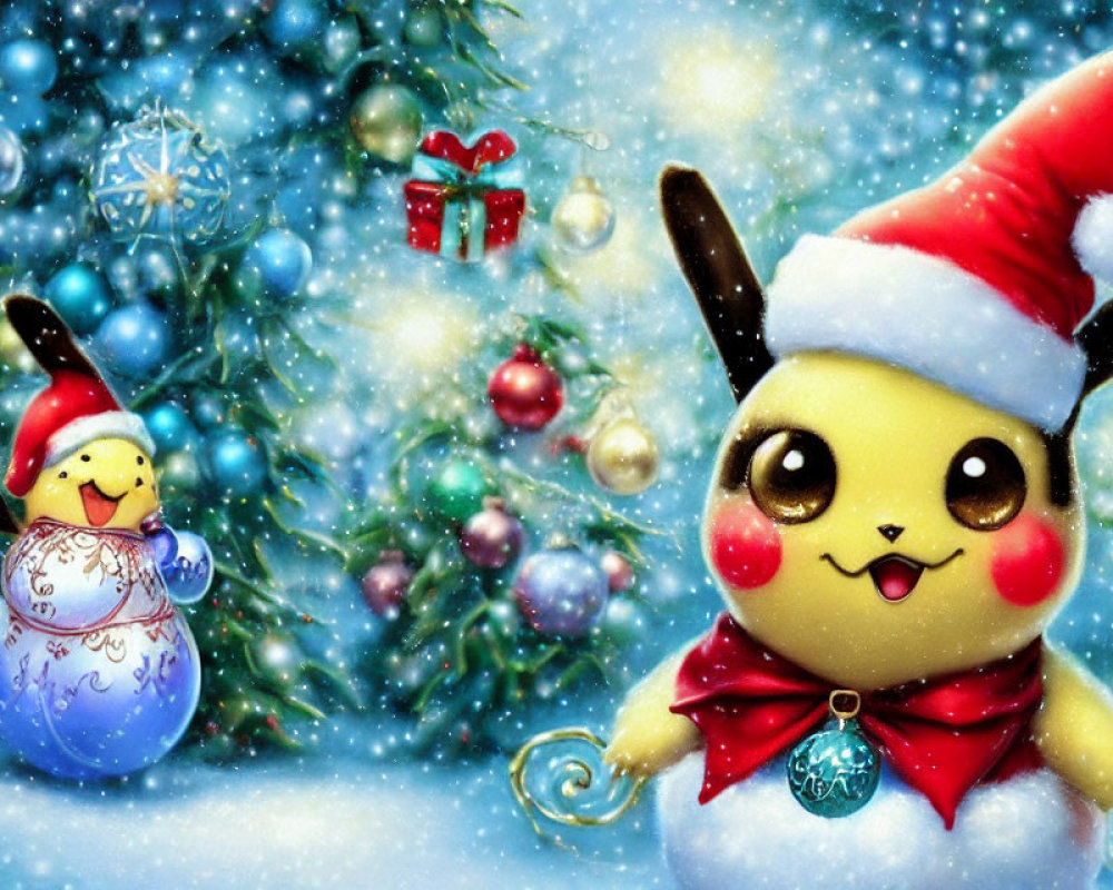 Festive Pikachu and Pichu in snowy winter scene