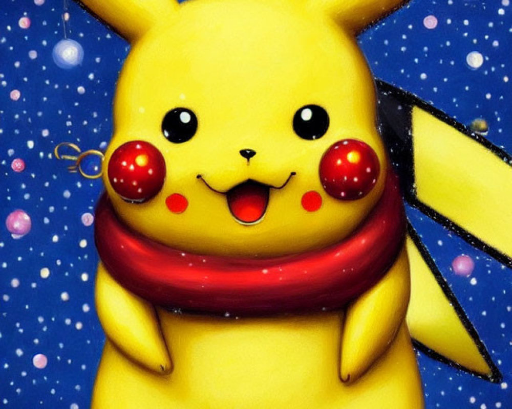 Cheerful Pikachu with red scarf in snowy scene