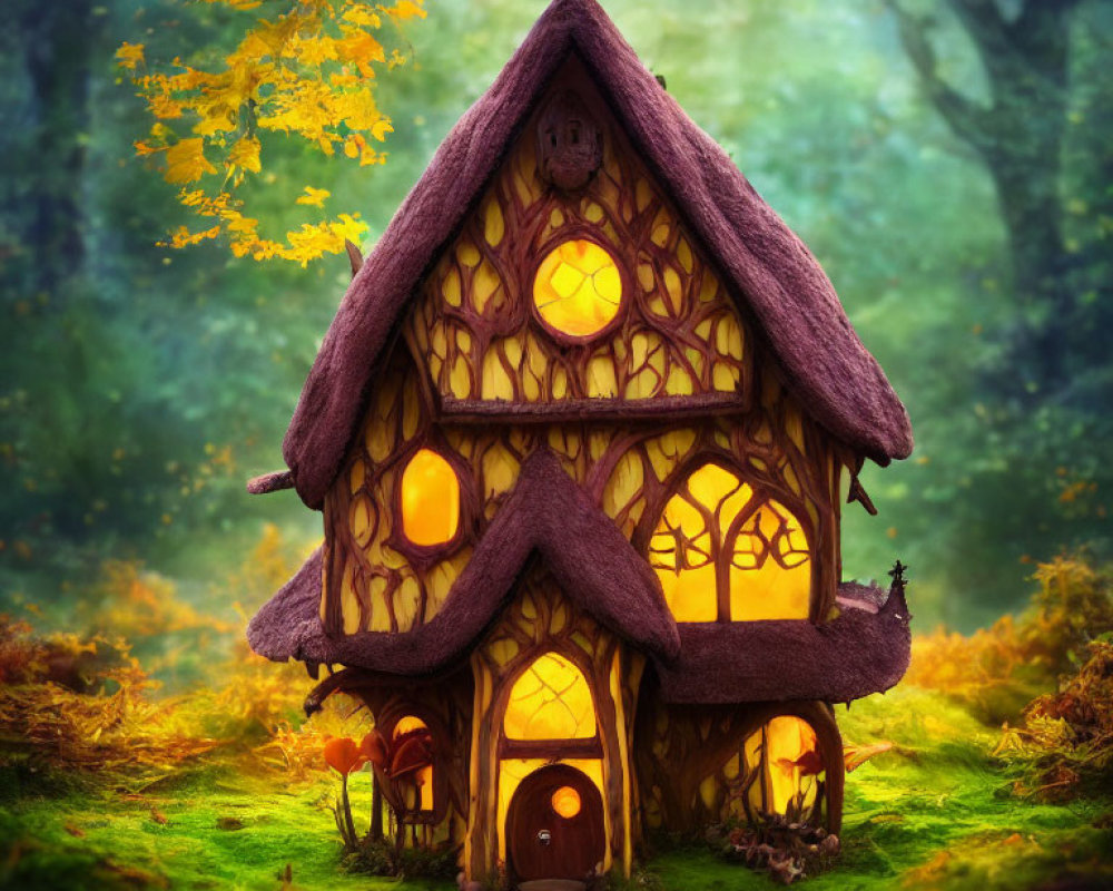 Cozy fairy-tale cottage in mossy forest clearing