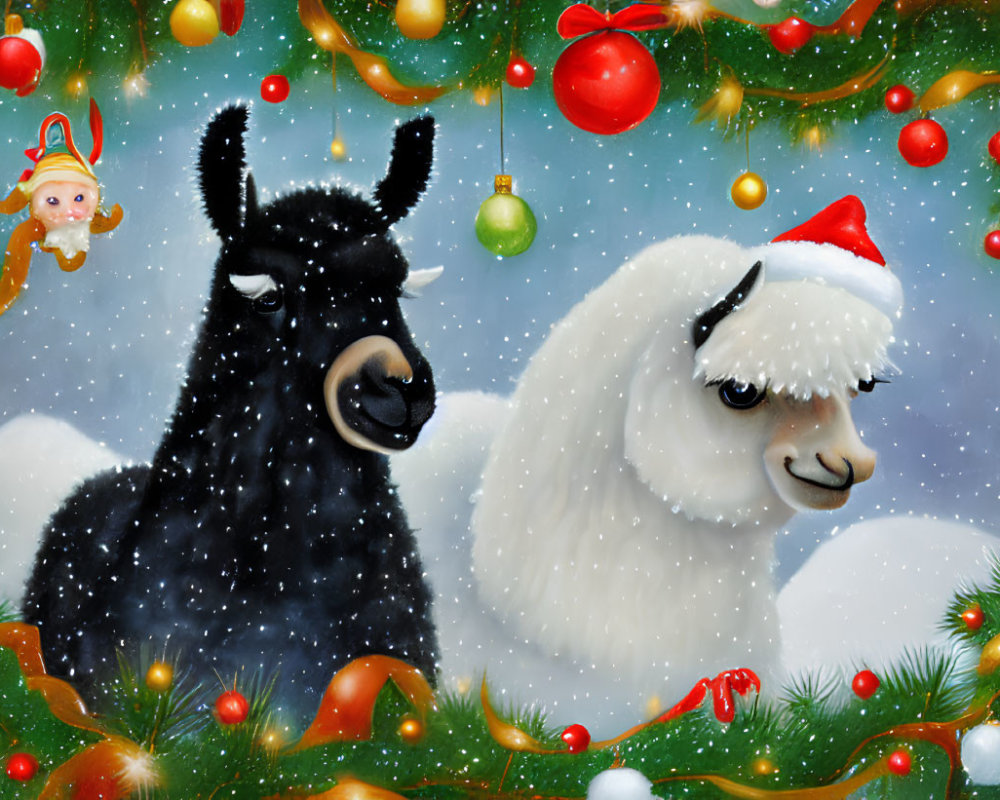 Black llama and white alpaca in Santa hats with Christmas decorations and snow