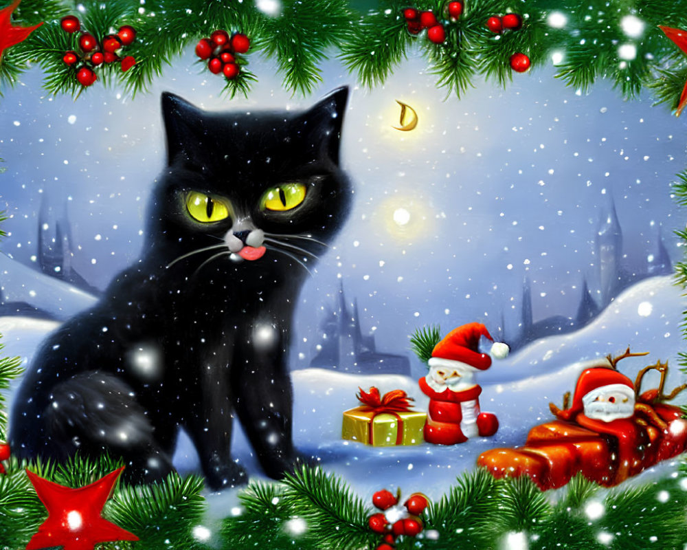 Black cat with green eyes in Christmas scene with snowfall, holly, decorations.