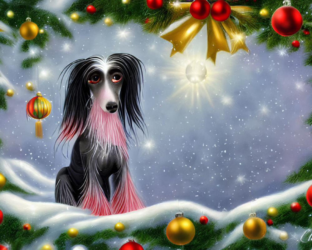 Black and White Dog in Festive Christmas Scene with Ornaments and Snowflakes