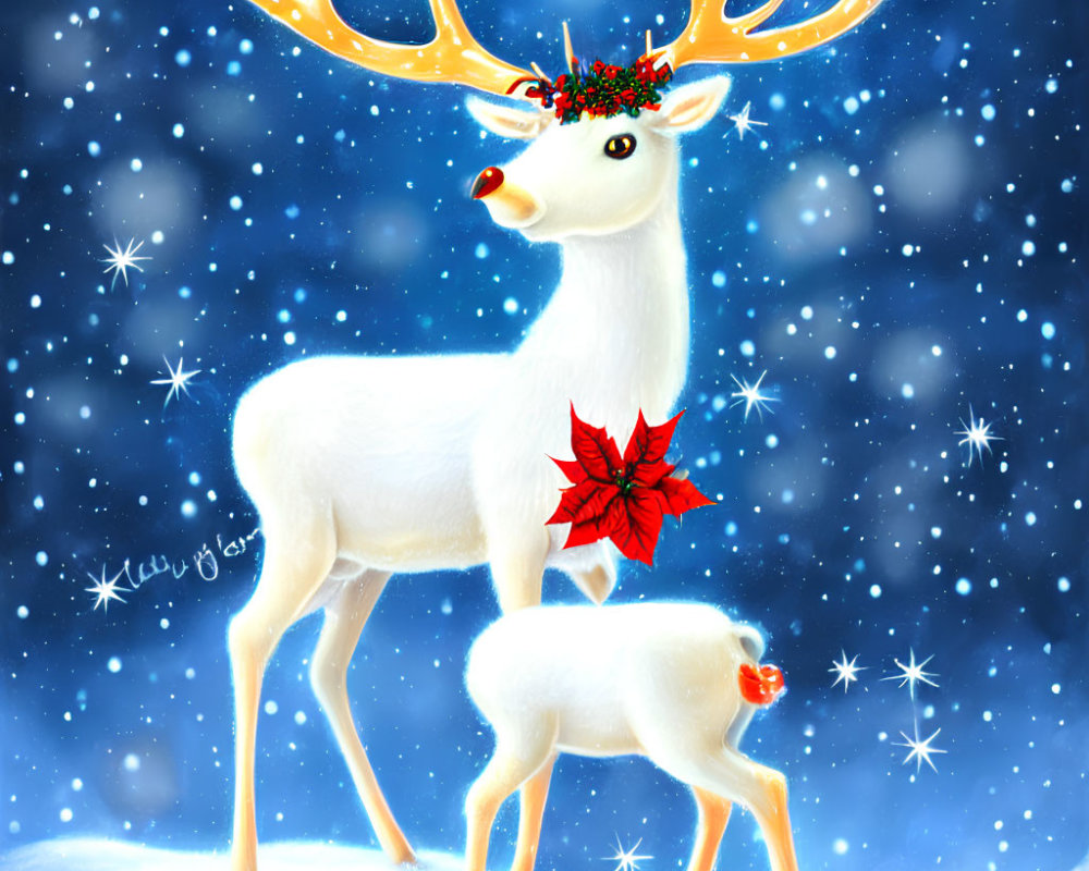 Illustration of adult white reindeer with glowing antlers and holly, next to small reindeer