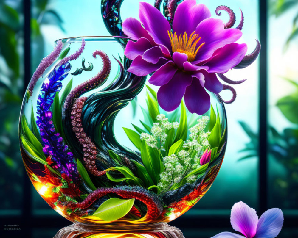 Colorful Digital Artwork: Octopus in Glass Vase with Aquatic Plants