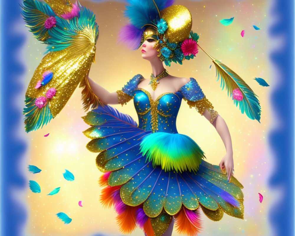 Colorful Carnival Costume Illustration with Feathers and Mask