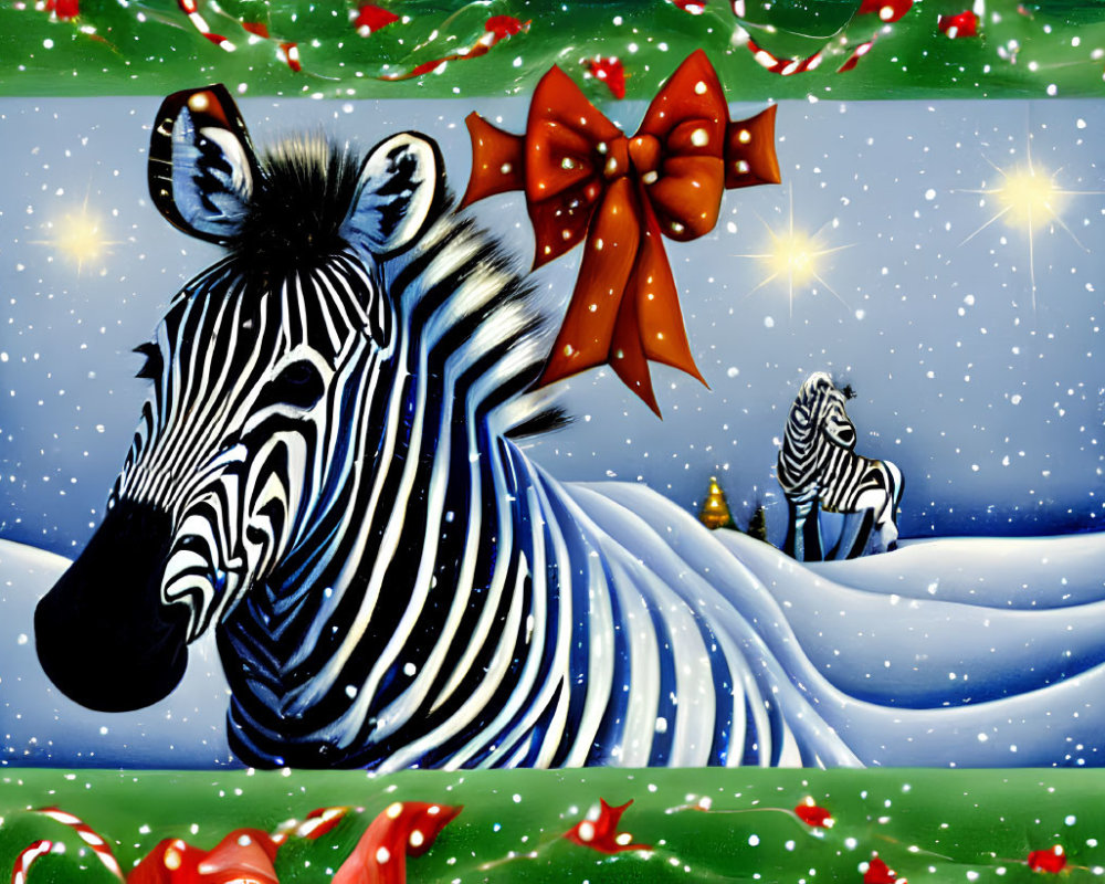 Zebras in snowy landscape with holly border & stars