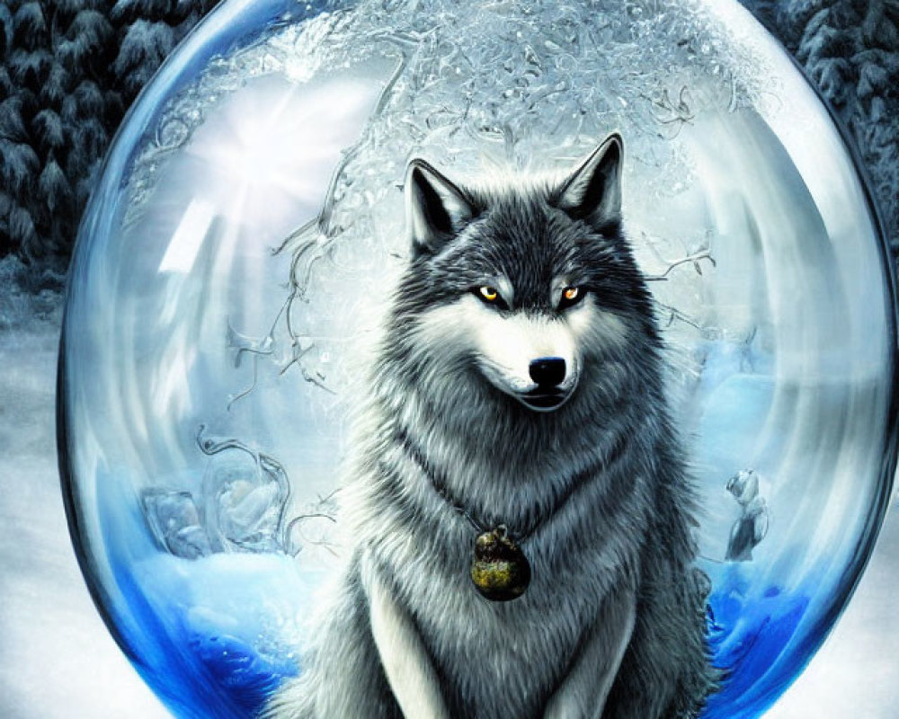 Majestic wolf in translucent bubble in snowy forest landscape