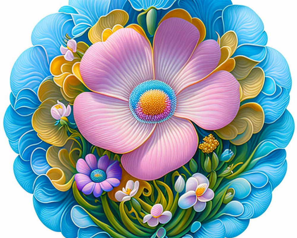 Colorful Stylized Flowers Illustration in Blue and Pink