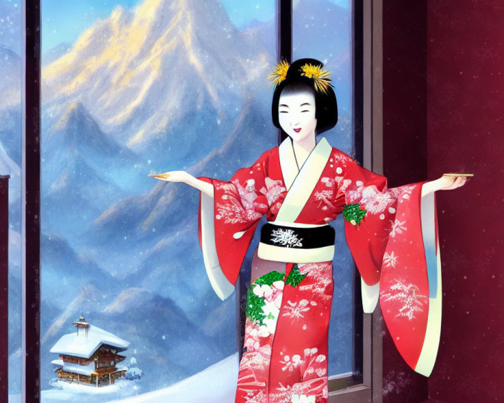 Red kimono animated character admires snowy mountain landscape with traditional house and sled