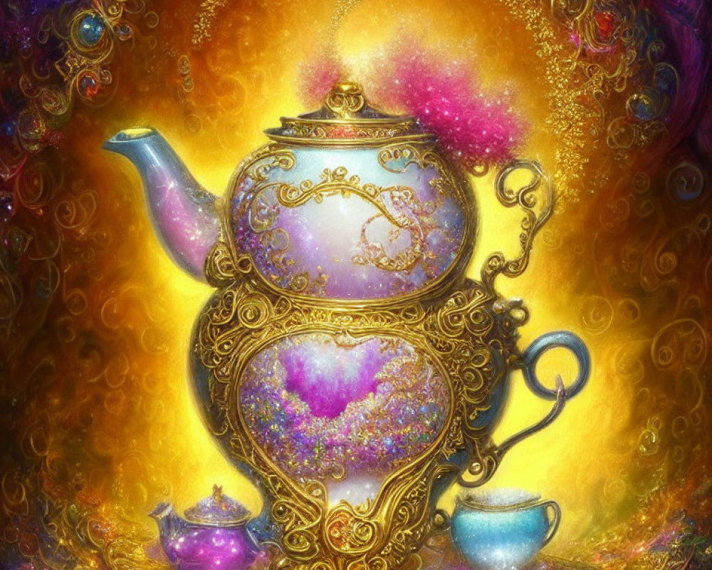 Colorful Teapot with Intricate Designs on Vibrant Background