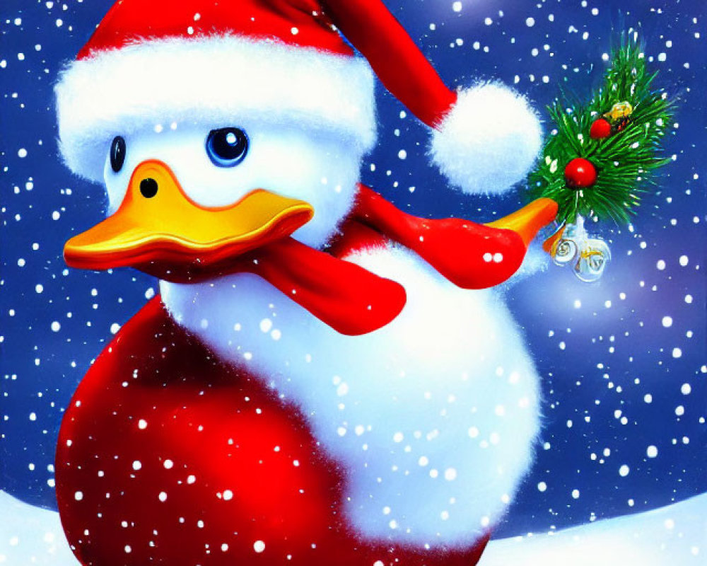 Cheerful snowman duck illustration with Santa hat and scarf