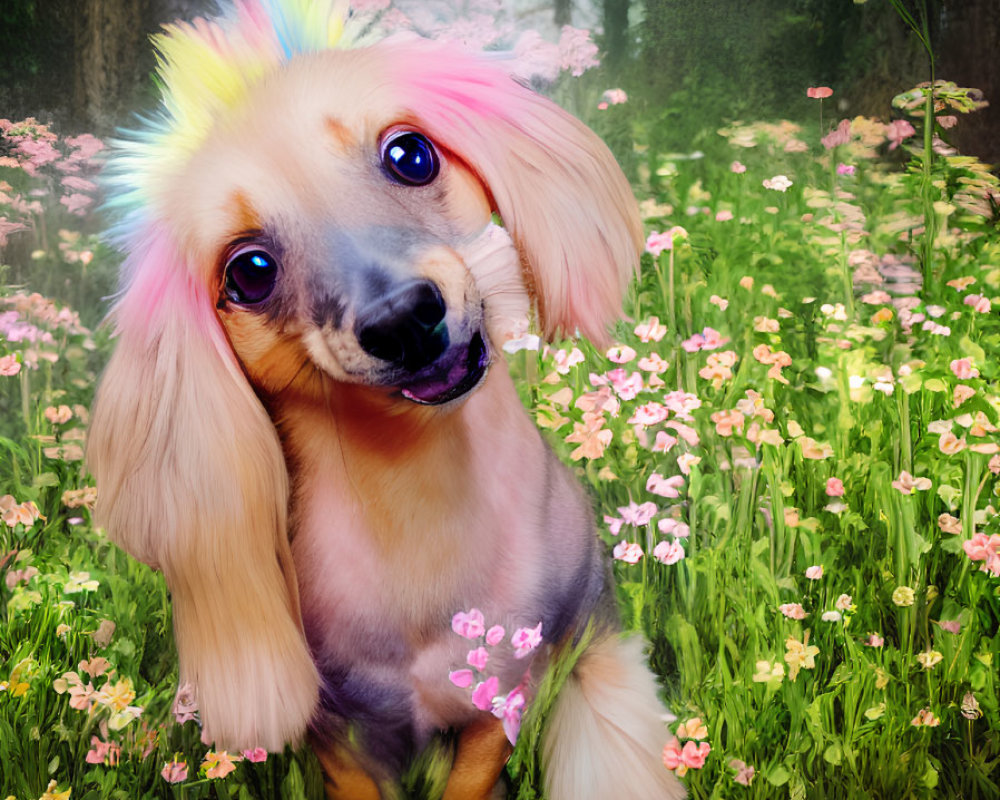 Colorful Rainbow-Haired Dog in Flower Field with Forest Background