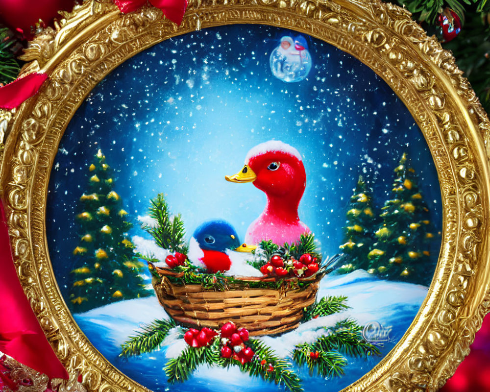 Golden frame with red and blue bird in wicker basket, snowy fir trees.