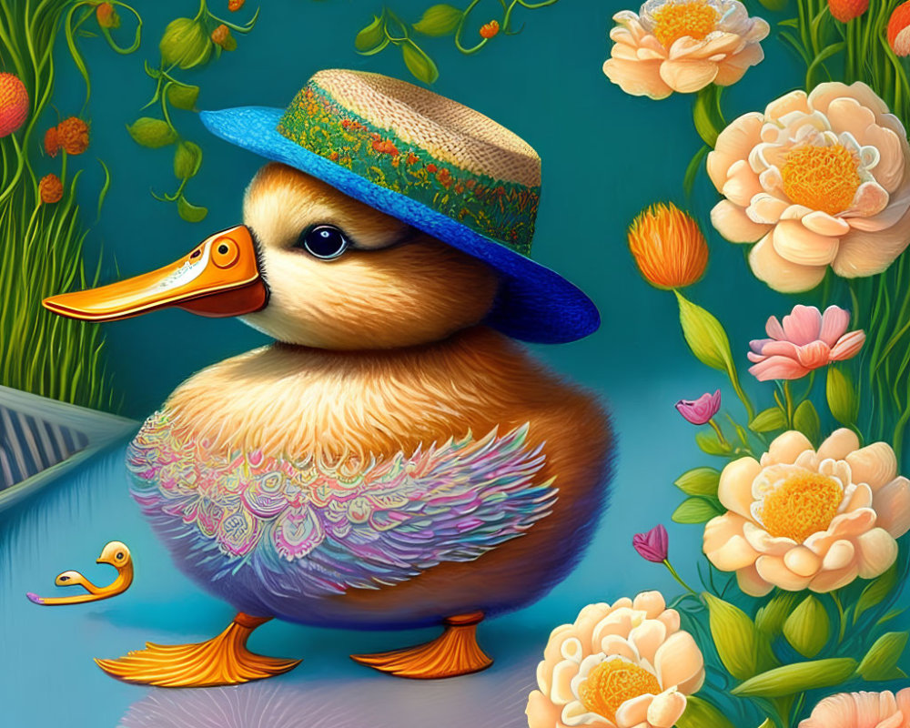 Colorful Duck Illustration with Straw Hat Surrounded by Flowers and Rubber Duck