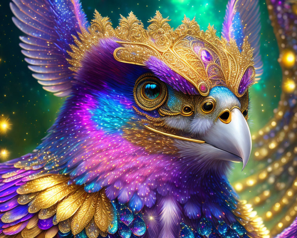 Colorful illustration of majestic bird with golden headgear and iridescent feathers