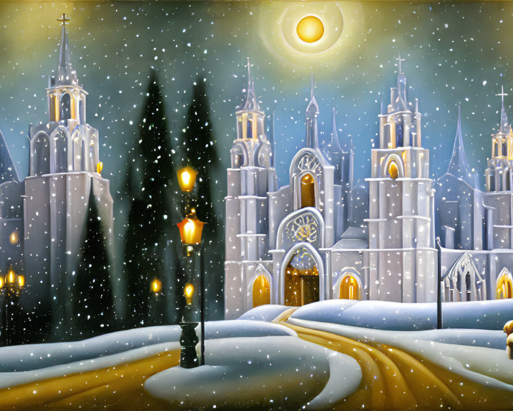 Illuminated winter castle scene with snow-covered trees