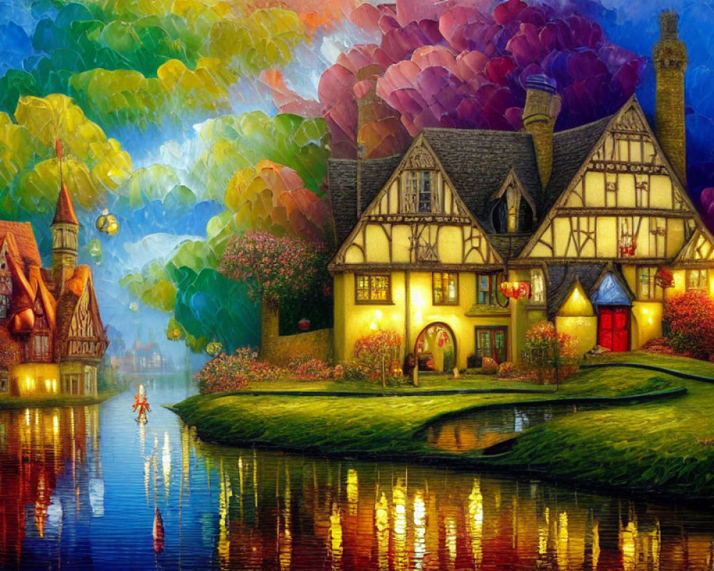 Colorful Painting of Tudor-Style House by River