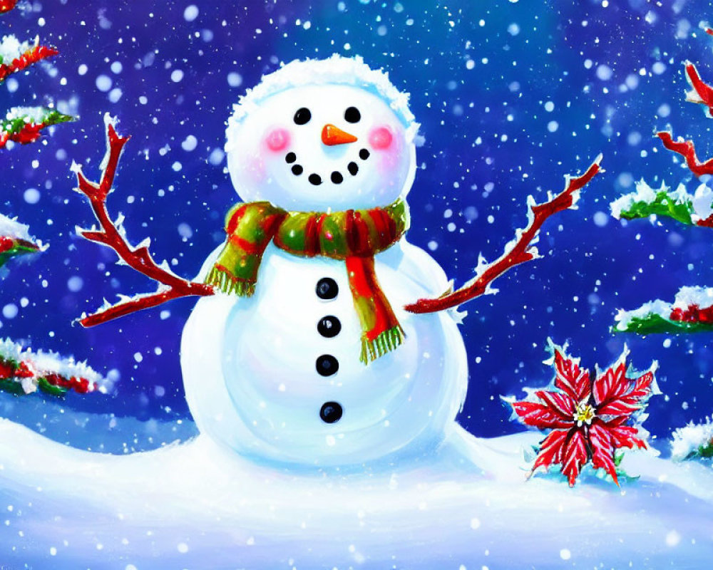 Snowman with scarf and poinsettia in snowy forest scene