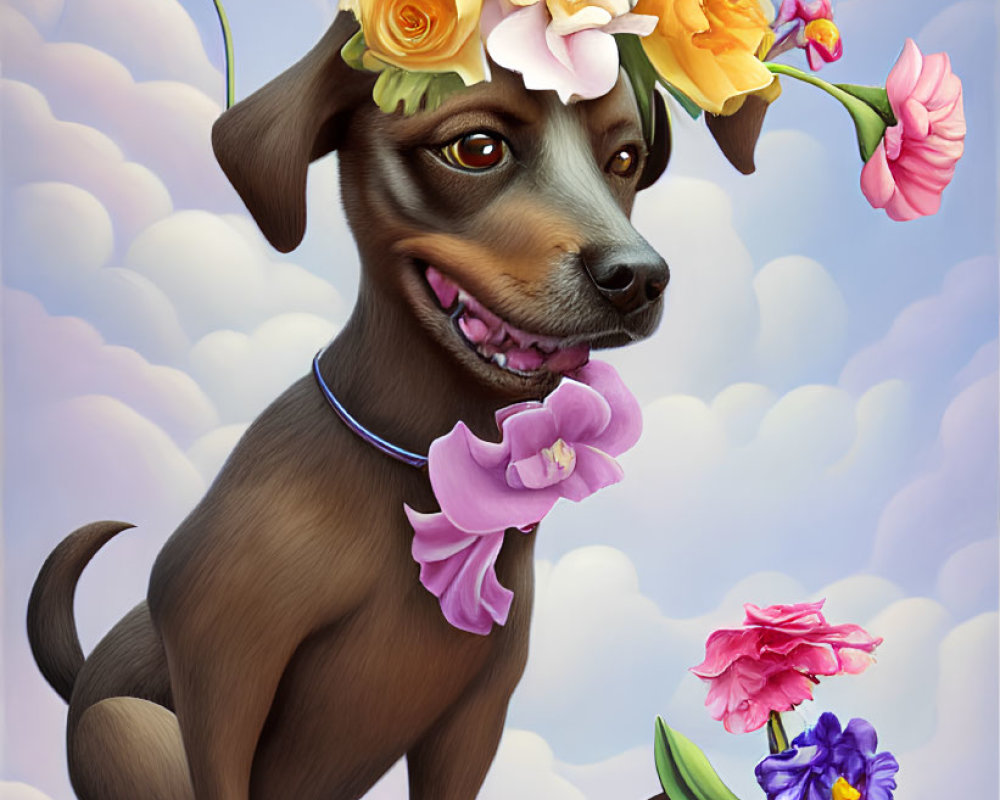 Whimsical painting of brown dog with flower head next to mini dog