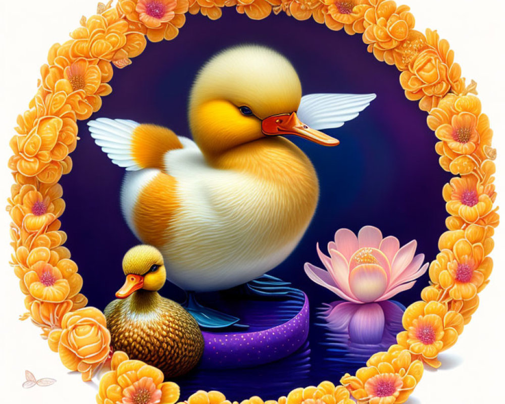 Colorful Duck Illustration with Flowers and Lotus