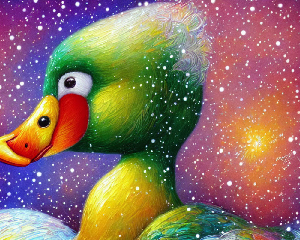 Whimsical duck illustration with vibrant green feathers on purple starry backdrop