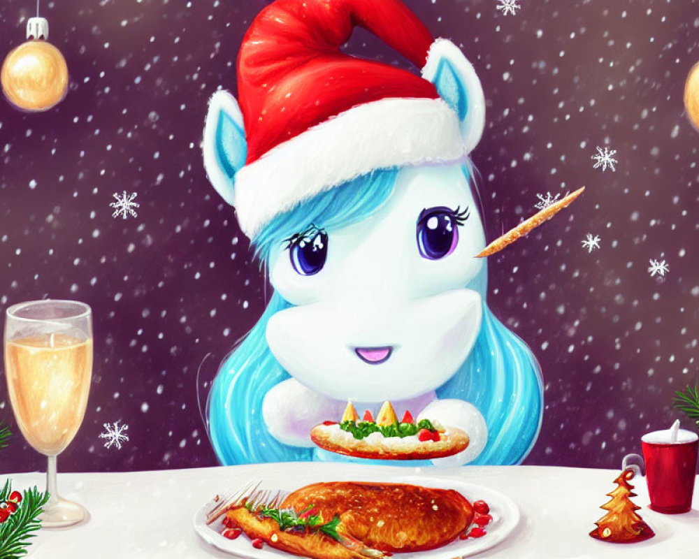 Blue Unicorn with Santa Hat at Festive Table with Roasted Turkey and Christmas Decorations