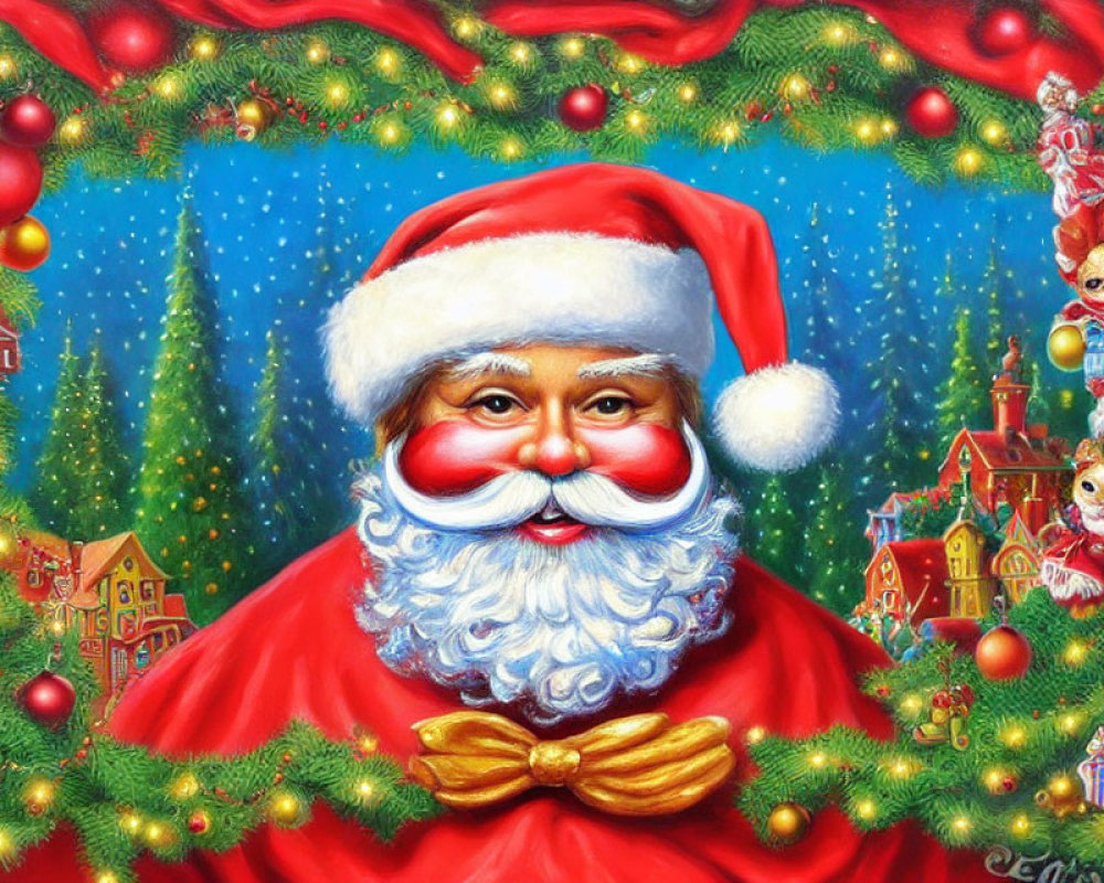 Santa Claus in Red Costume with White Beard Surrounded by Christmas Decorations, Snowy Backdrop,