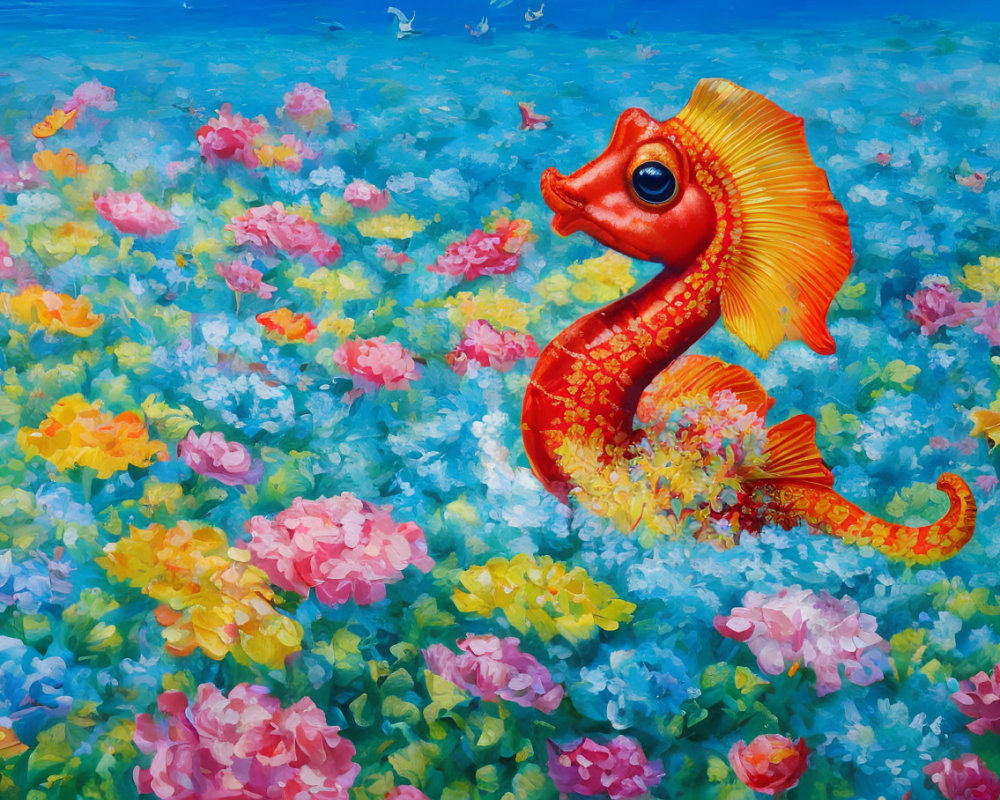 Colorful Painting of Red Seahorse in Coral Reef Environment