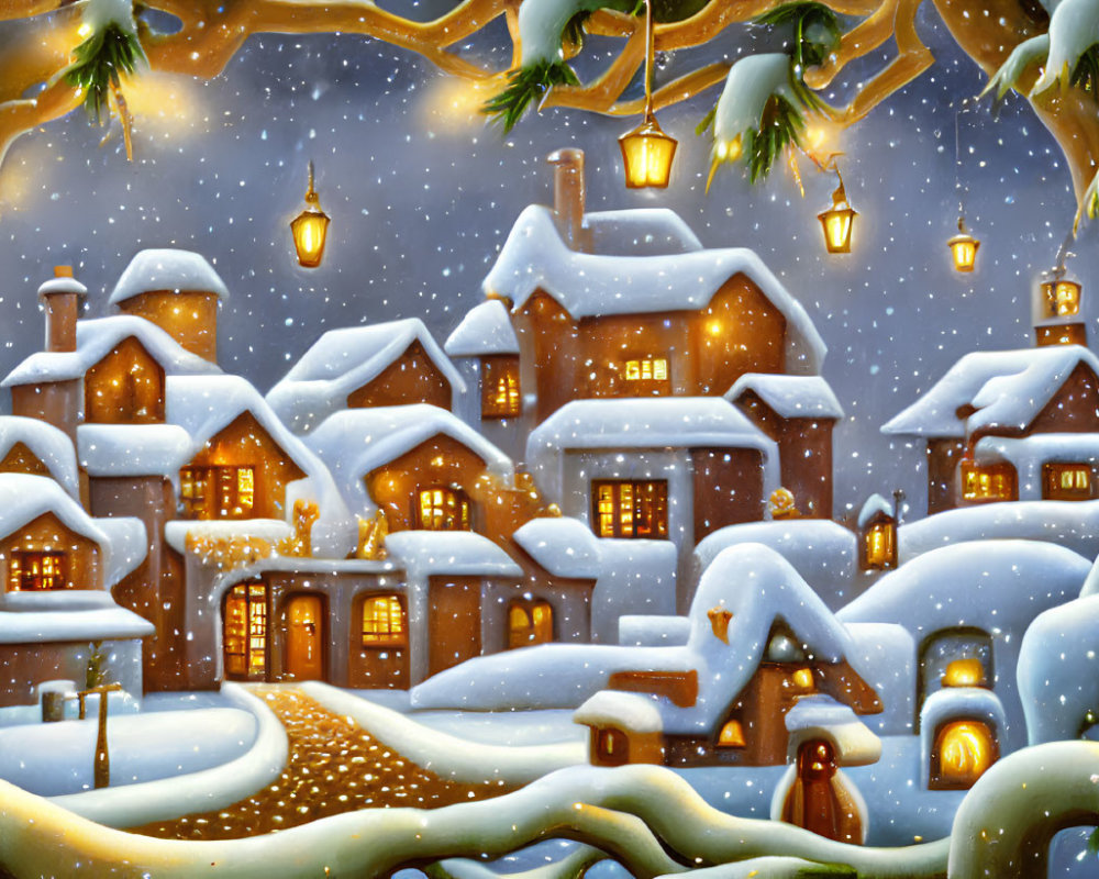 Snow-covered village scene with glowing lanterns and falling snowflakes