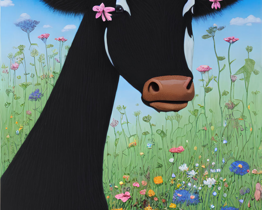 Whimsical black cow with pink flower in colorful meadow