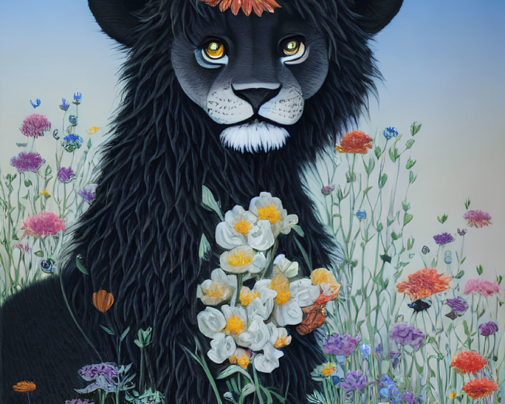 Stylized lion illustration with dark mane and vibrant flowers on blue gradient.