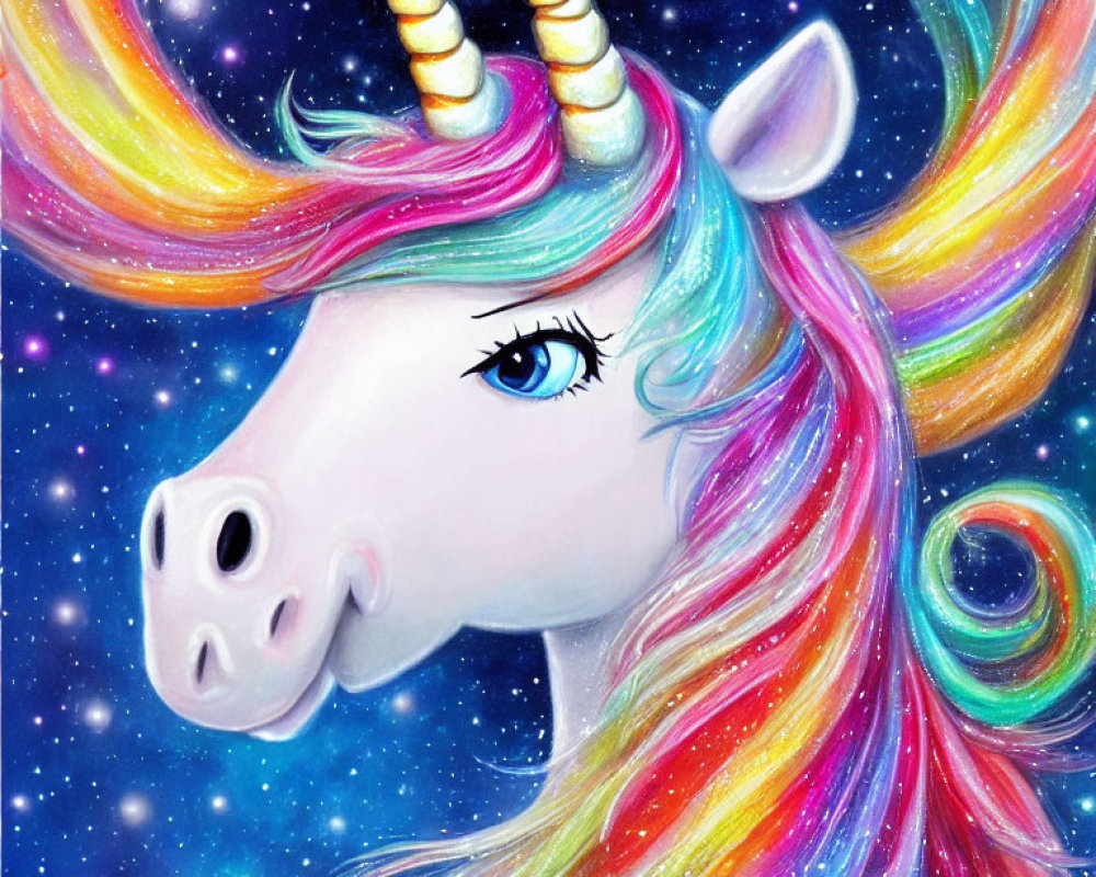 Vibrant unicorn illustration with rainbow mane & starry backdrop