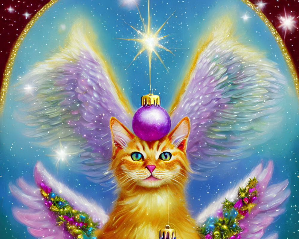 Illustration of angelic orange cat with sparkling wings and Christmas ornament on celestial background