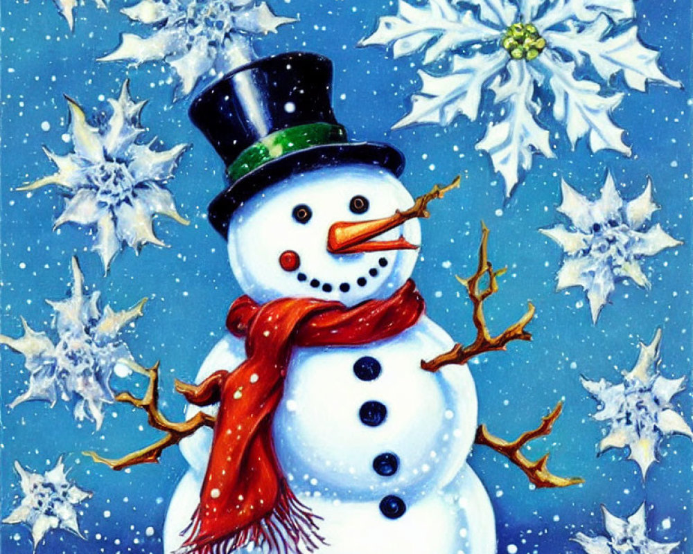 Cheerful snowman with top hat, red scarf, and carrot nose on blue background