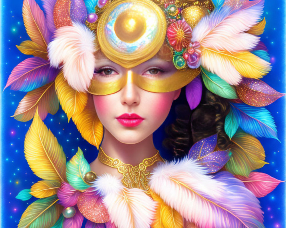 Woman in ornate mask with colorful feathers, celestial and floral motifs on starry blue backdrop