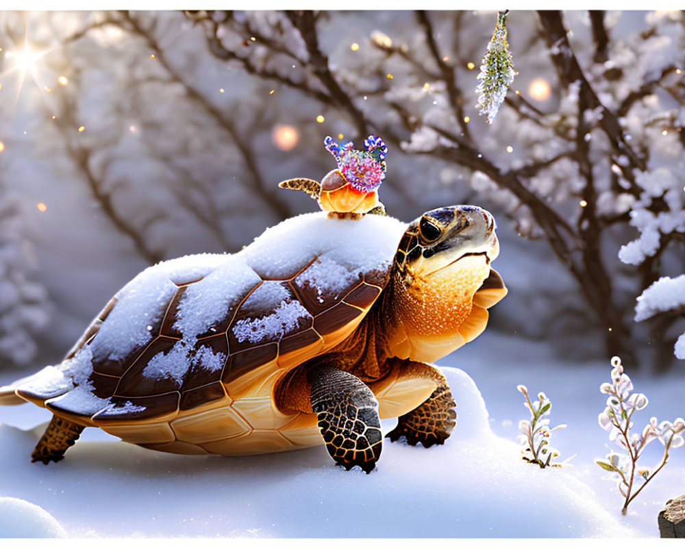 Snowy Shell Turtle in Magical Winter Scene with Sparkling Crown