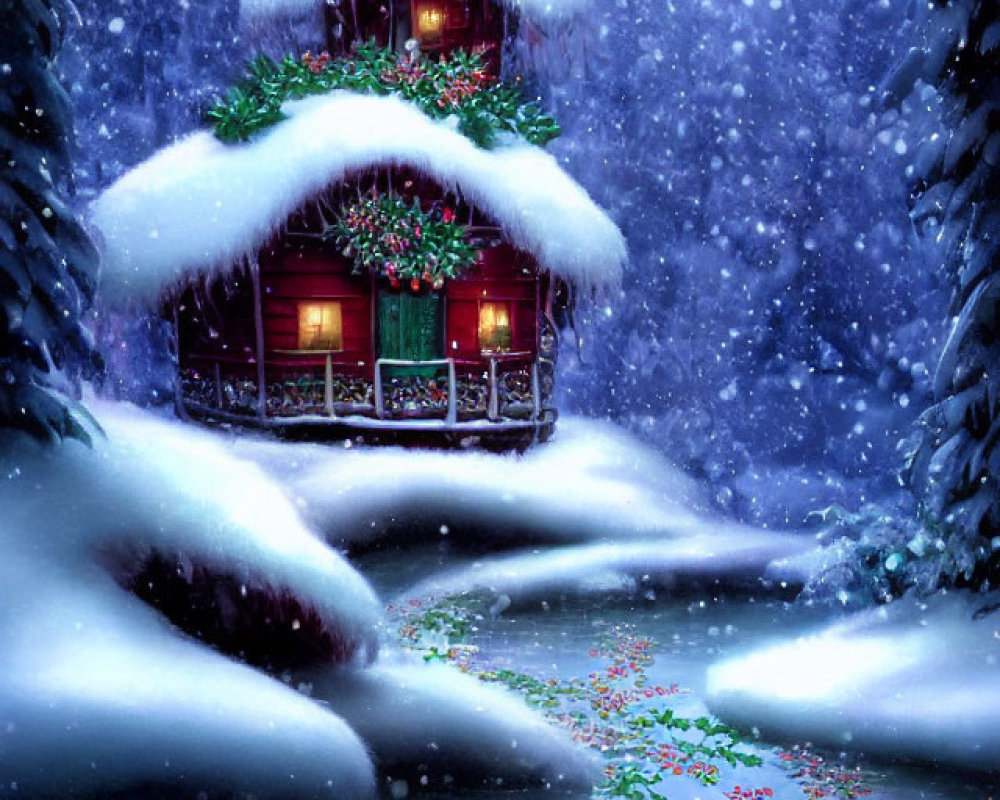 Snowy forest cabin with Christmas wreaths in serene winter scene