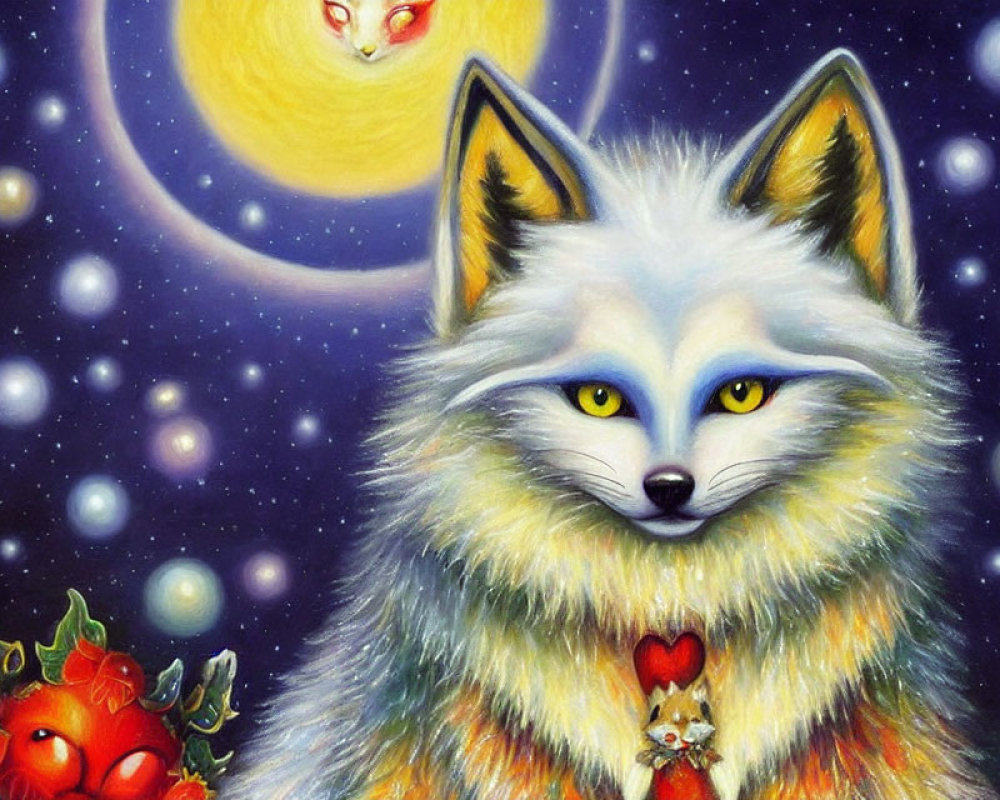 Whimsical painting of blue-eyed white fox with celestial backdrop