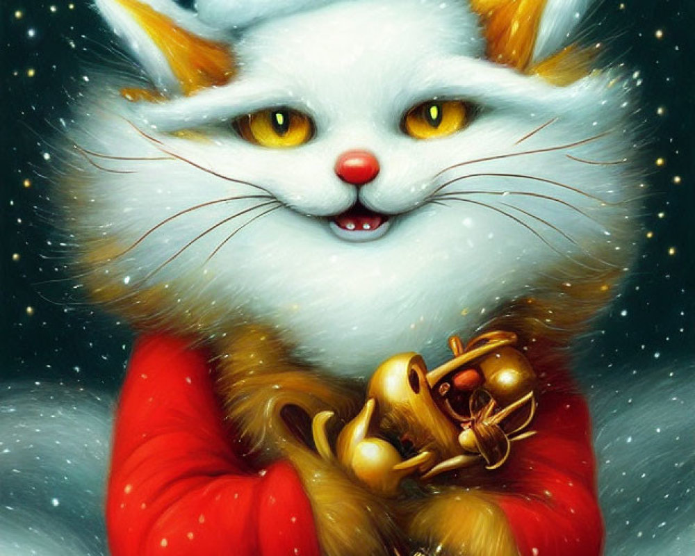 White Cat Santa Claus Illustration with Golden Bell and Snowflakes