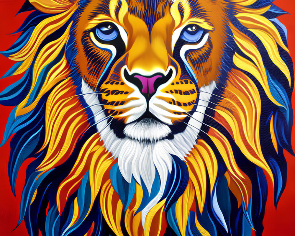 Colorful Lion's Head Painting with Stylized Mane in Red, Orange, Blue, Yellow,