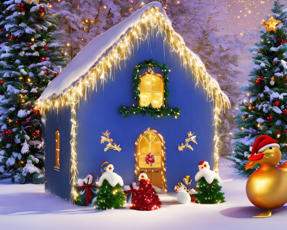 Blue Christmas house with festive decorations and golden duck in snowy scene