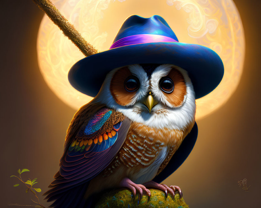 Colorful Owl Perched on Branch with Blue Hat in Moonlit Scene