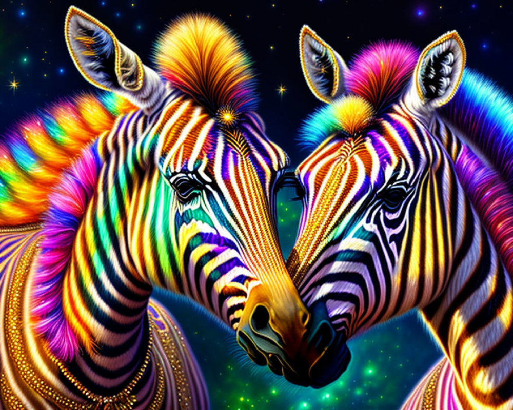 Vibrantly colored neon-striped zebras against cosmic starry background