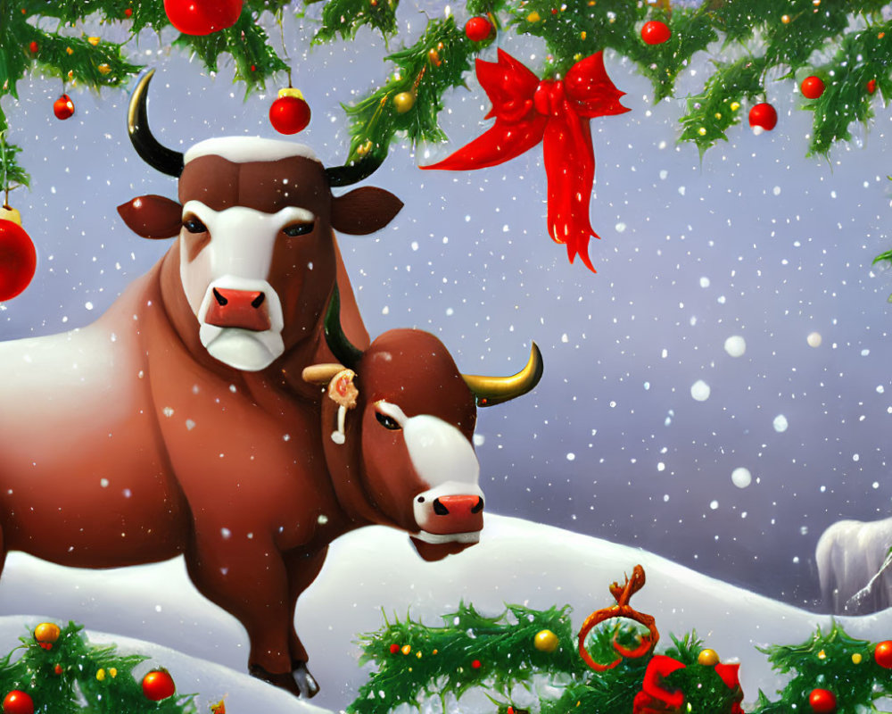 Cartoon bulls in snowy Christmas scene with decorations