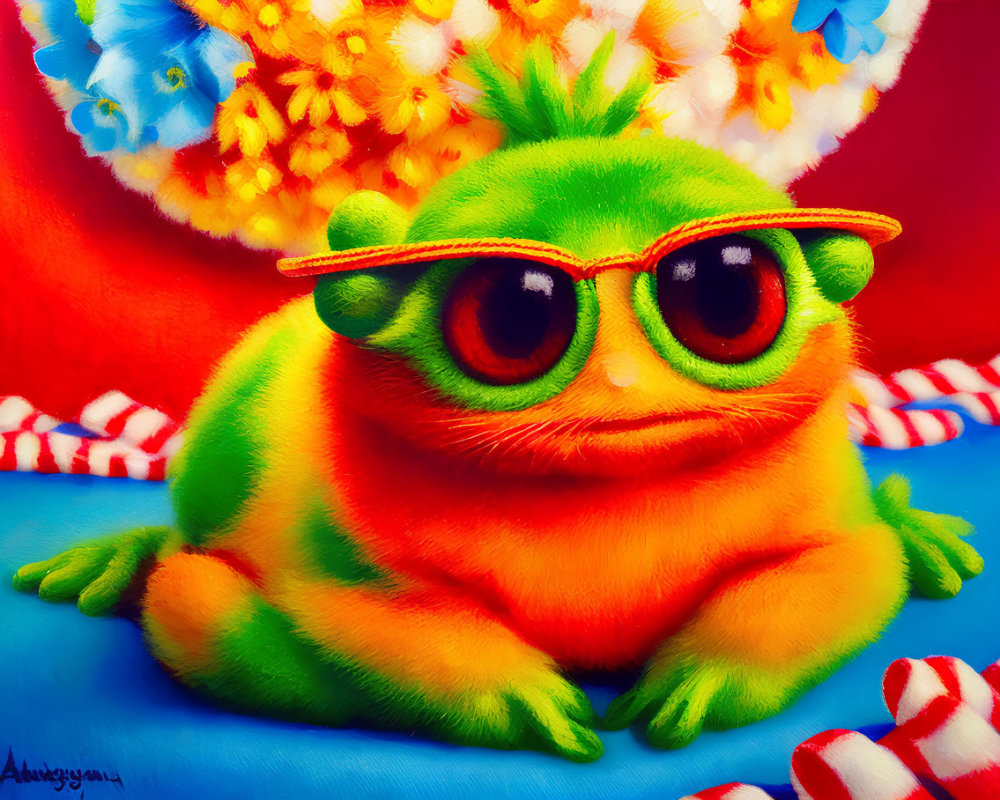 Colorful Illustration of Green Fuzzy Creature in Orange Sunglasses