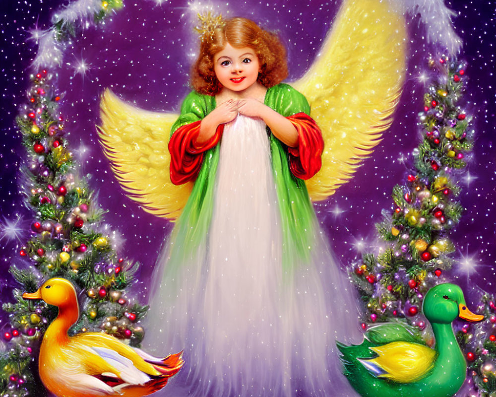 Smiling child with angel wings among Christmas trees and ducks