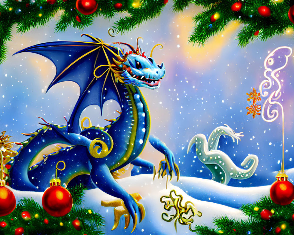 Blue dragon with wings and horns in snowy landscape with Christmas trees and red baubles.