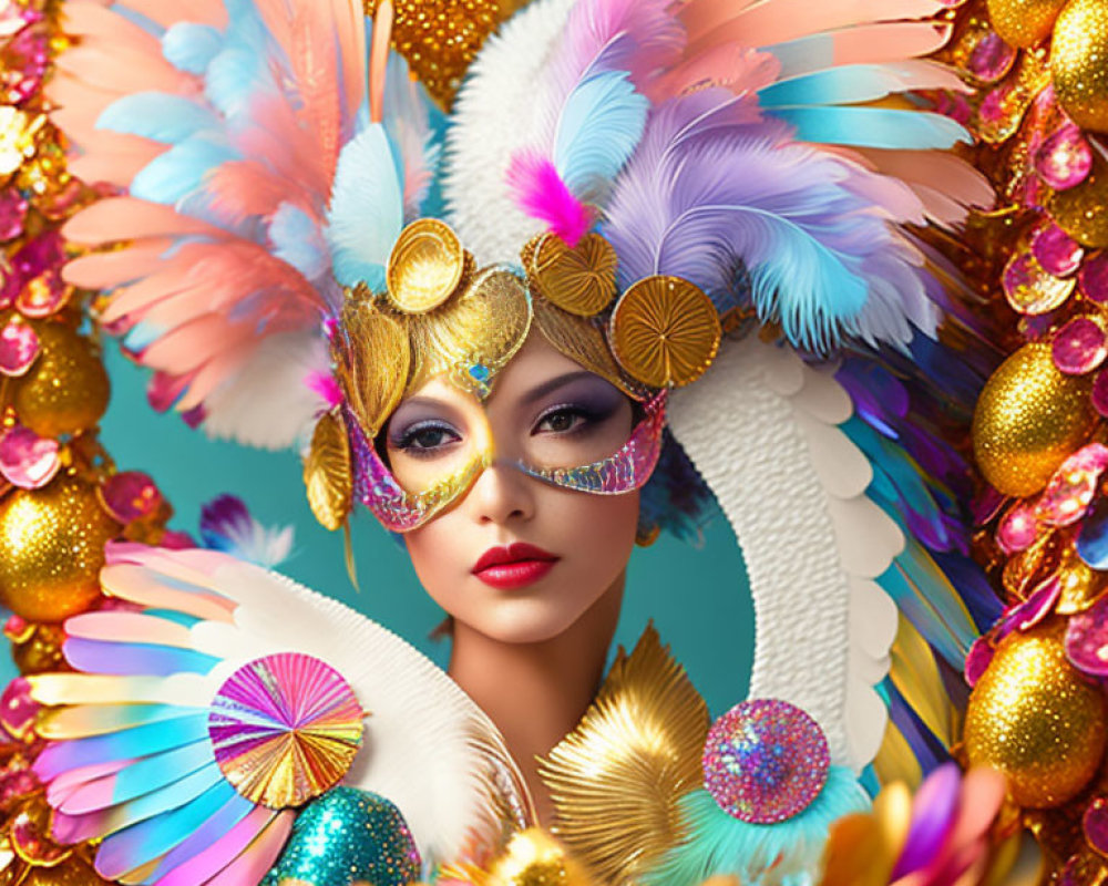 Elaborate carnival mask with feathers and sequins on vibrant backdrop